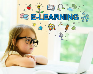 Wall Mural - E-Learning text with little girl using her laptop