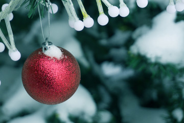 beautiful red Christmas ball in snow isolated on white