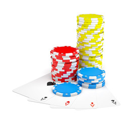 Poster - 3d rendering of multicolored casino chips with four different ace cards isolated on a white backgrou