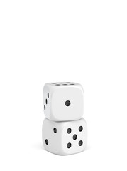 Poster - 3d rendering of two white dice with white pips standing vertically on a white background.