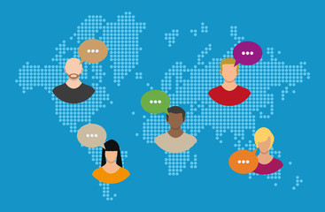 Poster - World map with people avatars. Social netwroking.