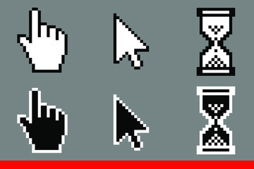 Leinwandbilder - Black and white arrow pixel, pixel mouse hand and hourglasses cursors icon vector illustration set