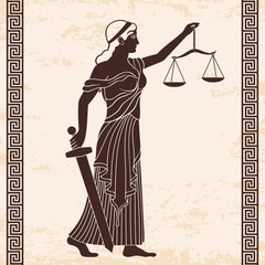 Ancient Greek goddess Themis holds a sword and scales in her hands. Vector vintage drawing. Brown pattern on a beige background with the aging effect.