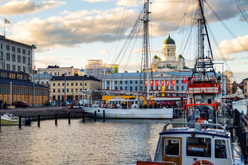 Poster - Port of Helsinki, Finland in the evening with Cathedral