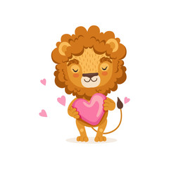 Canvas Print - Adorable baby lion cartoon standing with big pink heart in paws. Character in love. Colorful print for holiday card, children book. Flat design vector