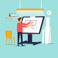 Engineer Architect Working At Drawing Board. Flat Design Vector Illustration.