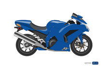 Blue Motorcycle In Realistic Style. Side View. Detailed Image Of Bike On White Background