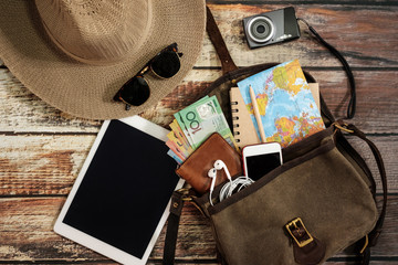 Traveler items vacation travel accessories holiday long weekend day off travelling stuff equipment background view concept 