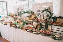 Meat, Cheese And Nutmeg Wedding Buffet With Various Snacks.