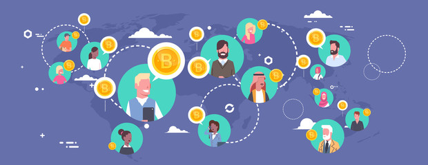 Poster - People Buying Bitcoins Over World Map Modern Digital Money Network Crypto Currency Concept Vector Illustration