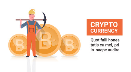 Poster - Bitcoin Mining Concept Man Holding Pickaxe Golden Bit Coins Modern Crypto Currency Networking Vector Illustration