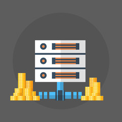 Poster - Dollar Coins Stack Over Data Center Service Icon Web Money Bitcoin Concept Flat Vector Illustration