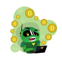 Poster - Bitcoin Robot Hold Laptop Computer Exchange Modern Crypto Currency Technology Vector Illustration