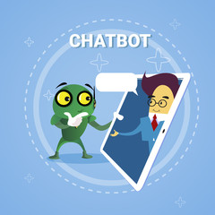 Poster - Business Man Chatting With Chatbot Through Digital Tablet Chatter Bot Robot Support Modern Technology Concept Vector Illustration