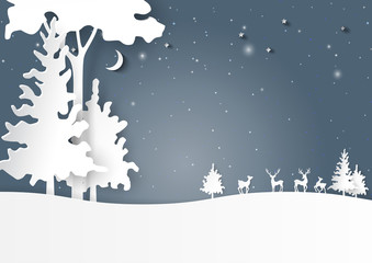 Poster - Nature landscape of night forest and deers family on snow winter background.For merry christmas and happy new year paper art style.Vector illustration.