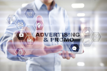 Wall Mural - avertising, marketing strategy. icons and graphs on virtual screen. business, internet and technolog