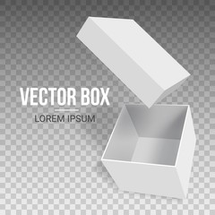 White empty box or container with an open lid on a transparent background. Vector illustration