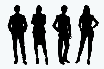 Business people vector silhouettes couple of man and woman standing. Businessman and businesswoman in black color isolated on white background.