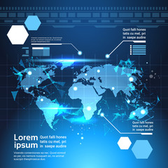 Poster - World Map Background, Set Of Computer Futuristic Infographic Elements Tech Template Charts And Graph Vector Illustration