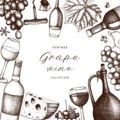 Vintage wine card.  Vector illustration with wine glass, grapes, bottle. Hand drawn alcoholic drink template. Bar menu design