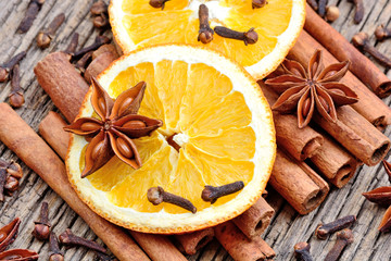 Poster - Heap of cinnamon sticks with anise clove and orange fruit