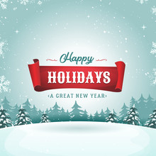 Happy Holidays Greeting Card And Christmas Landscape