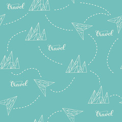 Seamless pattern with Mountains and lettering Travel. Vector illustration.