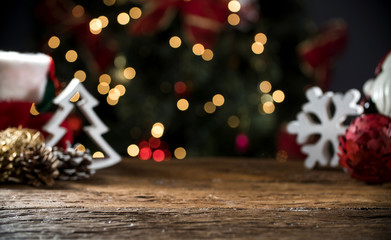 Wall Mural - Christmas Table Blurred Lights Background, Wood Desk in Focus, Xmas Wooden Plank, Blur Home Room