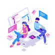 virtual relationships, online dating and social networking concept - teenagers chatting on the Internet. Vector 3d isometric illustration.