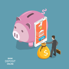 Canvas Print - Online bank deposit flat isometric vector concept. Smartphone as a part of piggy bank with function of opening an online deposit. Businessman is standing around with a money bag.