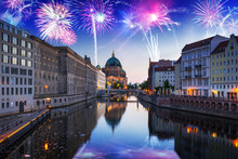 New Years Firework Display Over Spree River In Berlin, Germany