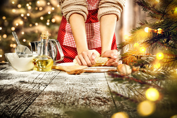 woman body in kitchen and christmas time 