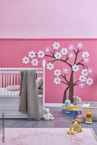 Baby Room Pink Design Tree Wallpaper And White Bed Style Buy This Stock Photo And Explore Similar Images At Adobe Stock Adobe Stock
