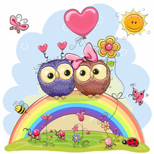 Two Owls Are Sitting On The Rainbow