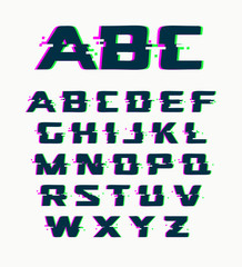 Poster - Glitch font, vector isolated abstract symbols with digital noise, modern design alphabet on white background