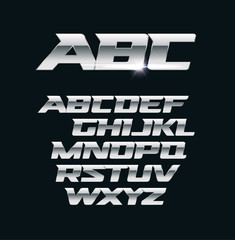 Poster - Modern chrome vector font. Metallic letters, polished steel style symbols. Aluminium bold geometric alphabet.