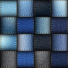 Aufkleber - Jeans patchwork background. Seamless vector background. Imitation of a blue jeans ribbons.