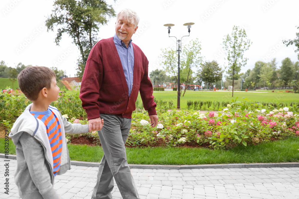 Happy senior man with grandson in park