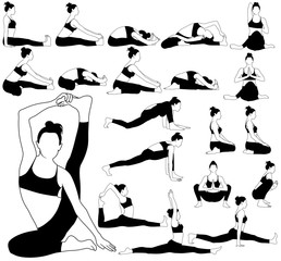 Wall Mural - Silhouettes of woman stretching in different yoga poses.