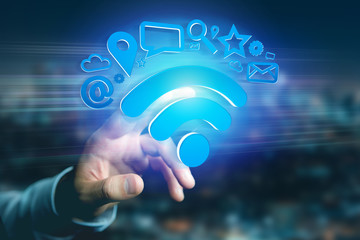 Poster - wifi symbol connection surrounded by multimedia and internet application logo - 3d rendering