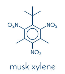 Poster - Musk xylene molecule. Highly persistent and bioaccumulative pollutant used as a synthetic musk fragrance. Skeletal formula.