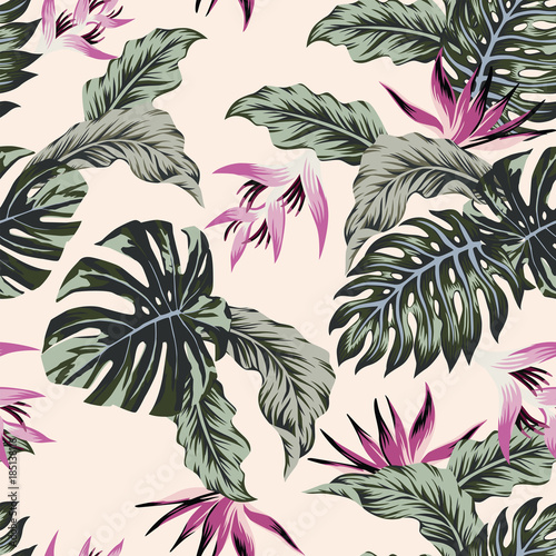 Naklejka dekoracyjna Exotic flowers tropical leaves green seamless light pink background