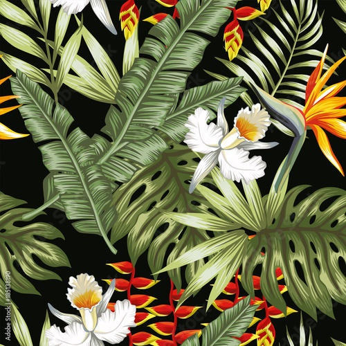 Stoffe zum Nähen Jungle flowers and leaves black background