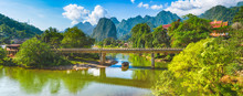 Amazing Landscape Of River Among Mountains. Laos. Panorama