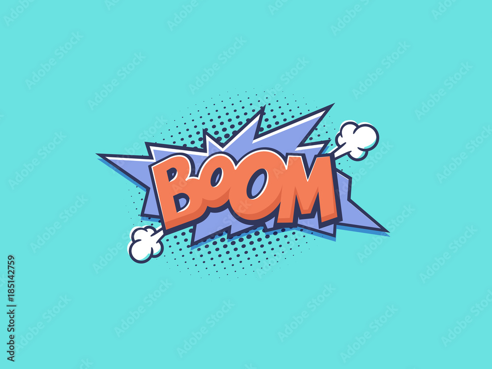 Boom comic text in pop art technicolor style vector illustration Stock ...