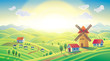 Rural sunrise landscape with a mill and village in cartoon style. Raster illustration.