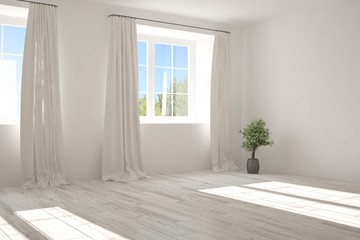 White empty room with summer landscape in window. Scandinavian interior design. 3D illustration