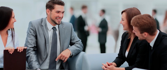 Poster - Happy business people talking on meeting at office