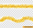 Christmas festive traditional decorations golden lush tinsel. Xmas ribbon garland isolated. Holiday realistic decor element. Tinsel for christmas tree. Straight and curved festive frippery. Vector.