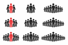 People Icon Set. Crowd Of People In Black And Red Colors. Group Of People In Pictogram Shape